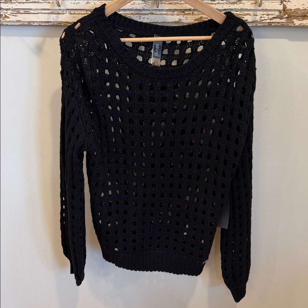 NWT Savvi Women’s Dana Crochet Knit Bell Sleeve Black Sweater Size S - Picture 2 of 9